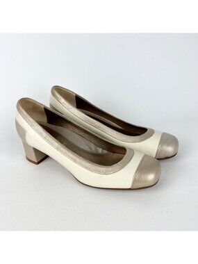 Dana Davis Bolzano Pumps Ivory Gold Leather Block Heel Italian size 8.5